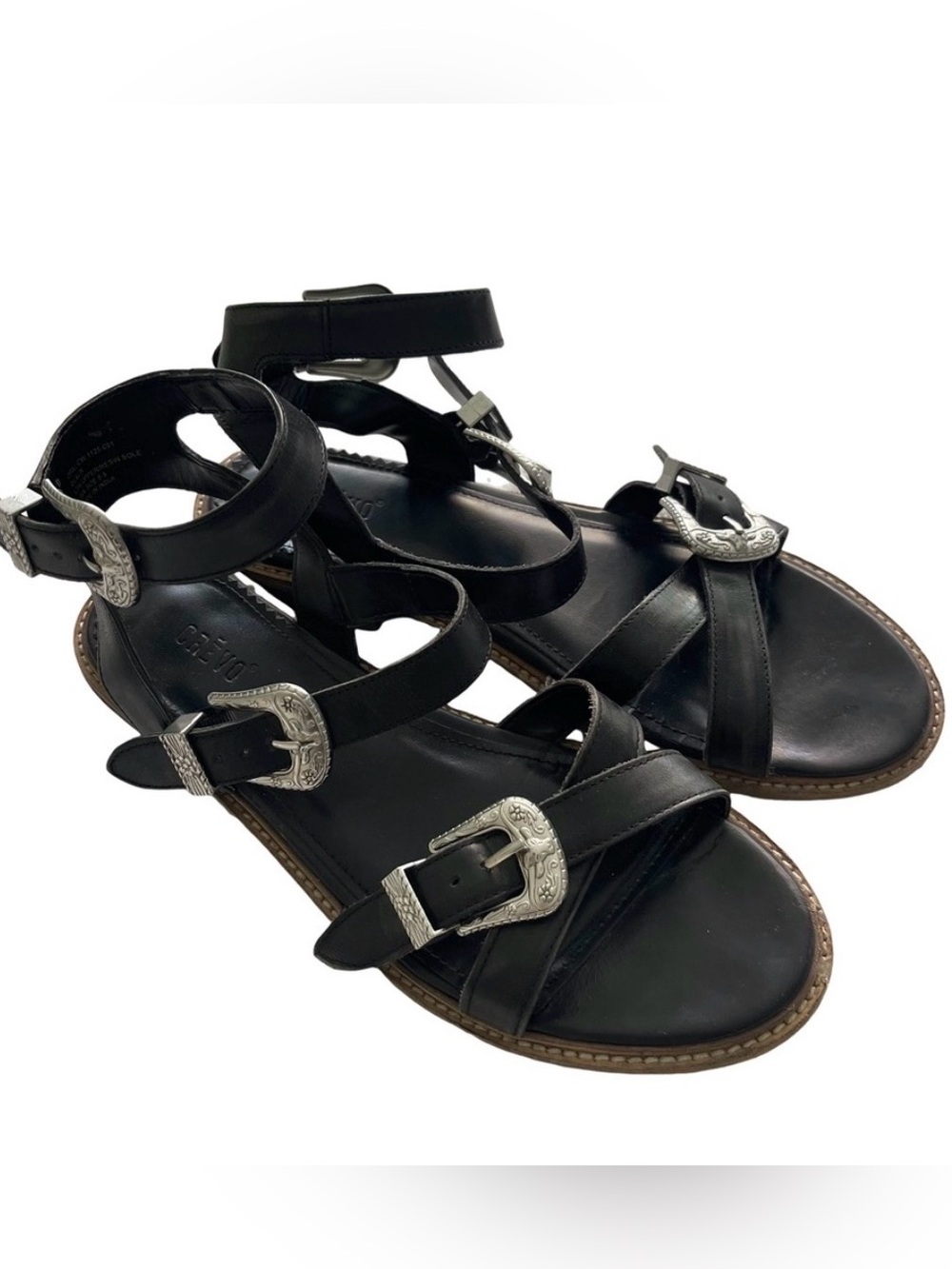 CREVO Black Opal Leather Ankle Strap Western Buckle Gladiator Sandals. S…